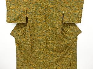 アンティーク　地紙に花古典柄手織り紬着物